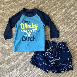Carter’s 6M Whale Rashguard And Swim Trunks Set Navy Blue UPF Baby Boy